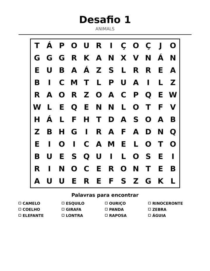 Caça-Palavras de Animais para Crianças