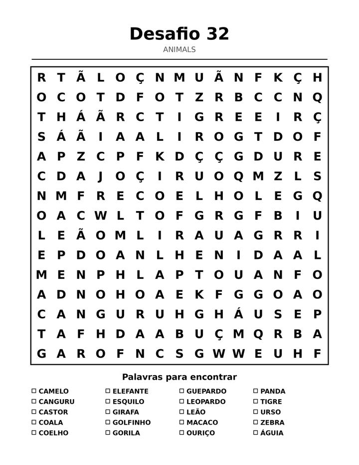 Caça-Palavras de Animais para Crianças