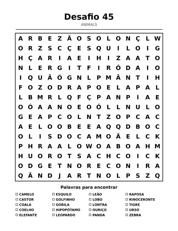 Caça-Palavras de Animais para Crianças